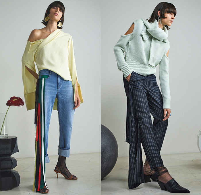 Hellessy 2020 Resort Cruise Pre-Spring Womens Lookbook Presentation - Silk Panel Denim Jeans One Shoulder Blouse Chunky Knit Sweater Cardigan Cutout Pinstripe Stripes Pantsuit Sheer Tulle Ribbon Knot Houndstooth Wrap Wide Leg Palazzo Pants Silk Satin Corduroy Trench Coat Cargo Pockets Splash Embroidery Poufy Shoulders Leggings Tights Dovetail Mullet High-Low Hem Mules