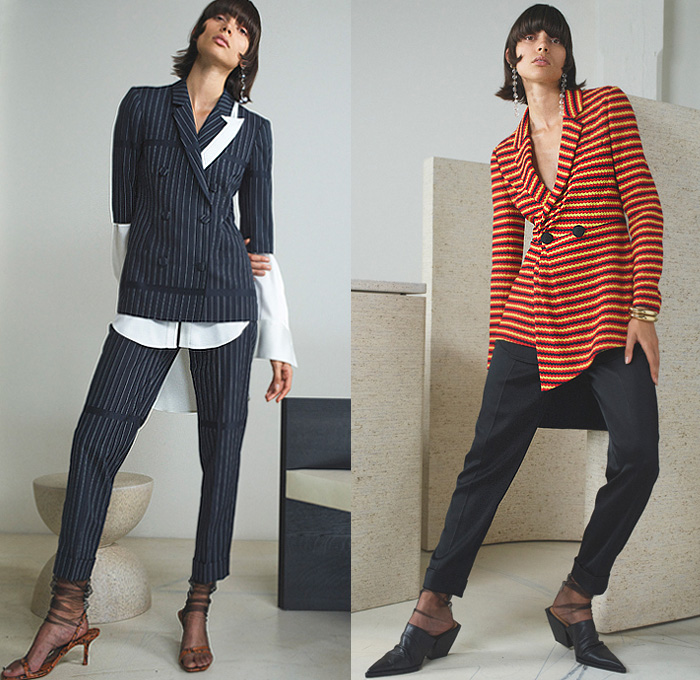 Hellessy 2020 Resort Cruise Pre-Spring Womens Lookbook Presentation - Silk Panel Denim Jeans One Shoulder Blouse Chunky Knit Sweater Cardigan Cutout Pinstripe Stripes Pantsuit Sheer Tulle Ribbon Knot Houndstooth Wrap Wide Leg Palazzo Pants Silk Satin Corduroy Trench Coat Cargo Pockets Splash Embroidery Poufy Shoulders Leggings Tights Dovetail Mullet High-Low Hem Mules