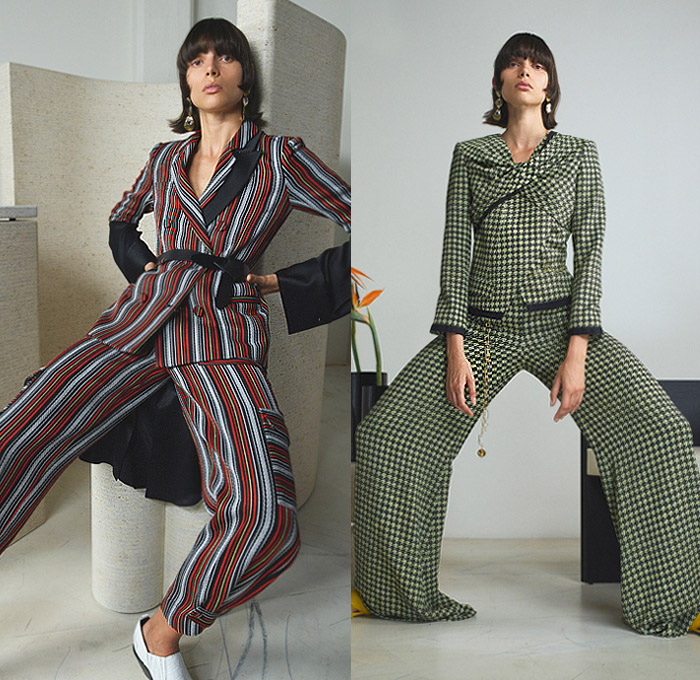 Hellessy 2020 Resort Cruise Pre-Spring Womens Lookbook Presentation - Silk Panel Denim Jeans One Shoulder Blouse Chunky Knit Sweater Cardigan Cutout Pinstripe Stripes Pantsuit Sheer Tulle Ribbon Knot Houndstooth Wrap Wide Leg Palazzo Pants Silk Satin Corduroy Trench Coat Cargo Pockets Splash Embroidery Poufy Shoulders Leggings Tights Dovetail Mullet High-Low Hem Mules