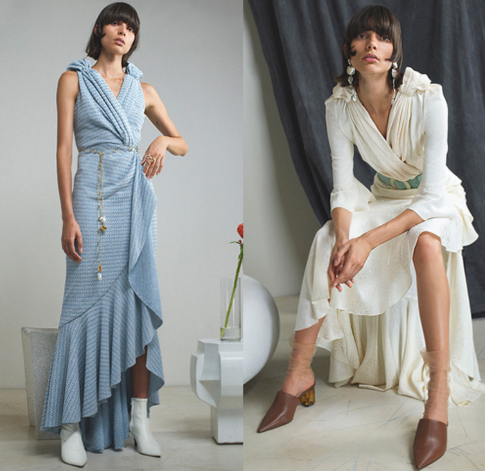 Hellessy 2020 Resort Cruise Pre-Spring Womens Lookbook Presentation - Silk Panel Denim Jeans One Shoulder Blouse Chunky Knit Sweater Cardigan Cutout Pinstripe Stripes Pantsuit Sheer Tulle Ribbon Knot Houndstooth Wrap Wide Leg Palazzo Pants Silk Satin Corduroy Trench Coat Cargo Pockets Splash Embroidery Poufy Shoulders Leggings Tights Dovetail Mullet High-Low Hem Mules