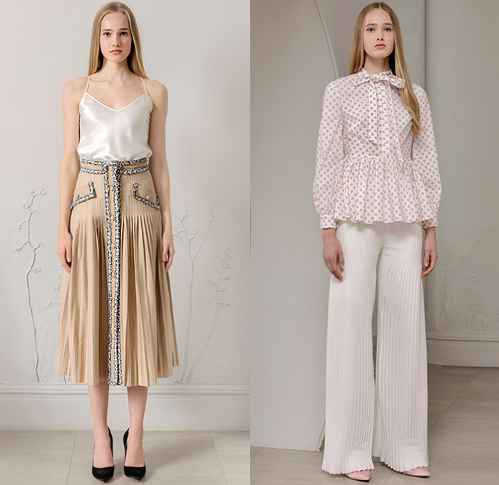 Huishan Zhang 2020 Resort Cruise Pre-Spring Womens Lookbook Presentation - Trench Coat Accordion Pleats Panels Knit Edges Noodle Strap Silk Satin Polka Dots Long Sleeve Blouse Pantsuit Birds Branches Foliage Leaves Embroidery Bow Ribbon Dress Lace Needlework Cutwork Mesh Tiered Ruffles Bedazzled Adorned Sequins Sheer Chiffon Tulle Halterneck Peplum Hanging Sleeve Gown Feathers Tweed Skirt Wide Leg Palazzo Pants Heels