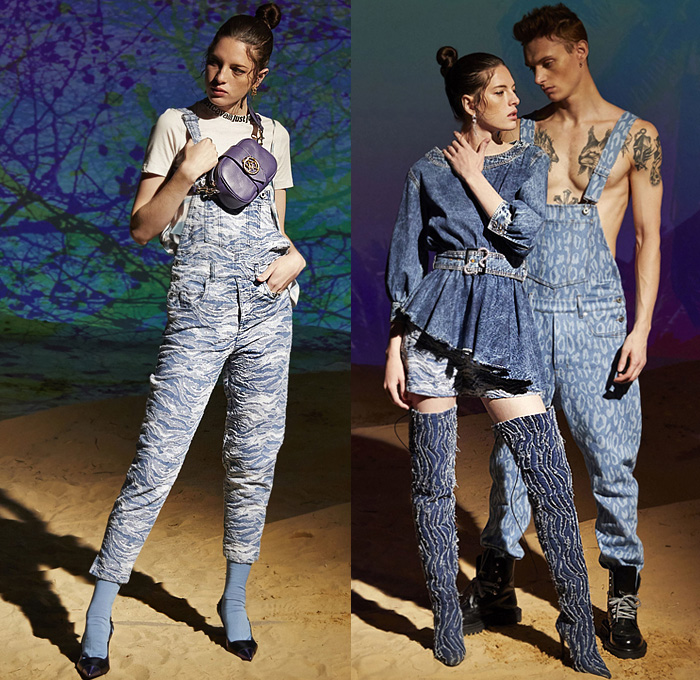 Just Cavalli 2020 Resort Cruise Pre-Spring Womens Lookbook Presentation - Distressed Scratched Denim Tapered Jeans Zebra Frayed Onesie Jumpsuit Coveralls Dungarees Asymmetrical Hem Maxi Dress Windbreaker Anorak Metallic Tiled Motorcycle Biker Jacket Cheetah Pattern Gown Crop Top Midriff Tuxedo Blazer Asian Clouds Decorative Art Sun Saturn Print Miniskirt Bedazzled Geometric Embroidery Crystals Gems Sequins Beads Fringes Handbag Thigh High Boots Trainers Sneakers