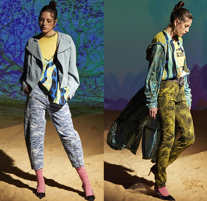 Just Cavalli 2020 Resort Cruise Pre-Spring Womens Lookbook Presentation - Distressed Scratched Denim Tapered Jeans Zebra Frayed Onesie Jumpsuit Coveralls Dungarees Asymmetrical Hem Maxi Dress Windbreaker Anorak Metallic Tiled Motorcycle Biker Jacket Cheetah Pattern Gown Crop Top Midriff Tuxedo Blazer Asian Clouds Decorative Art Sun Saturn Print Miniskirt Bedazzled Geometric Embroidery Crystals Gems Sequins Beads Fringes Handbag Thigh High Boots Trainers Sneakers