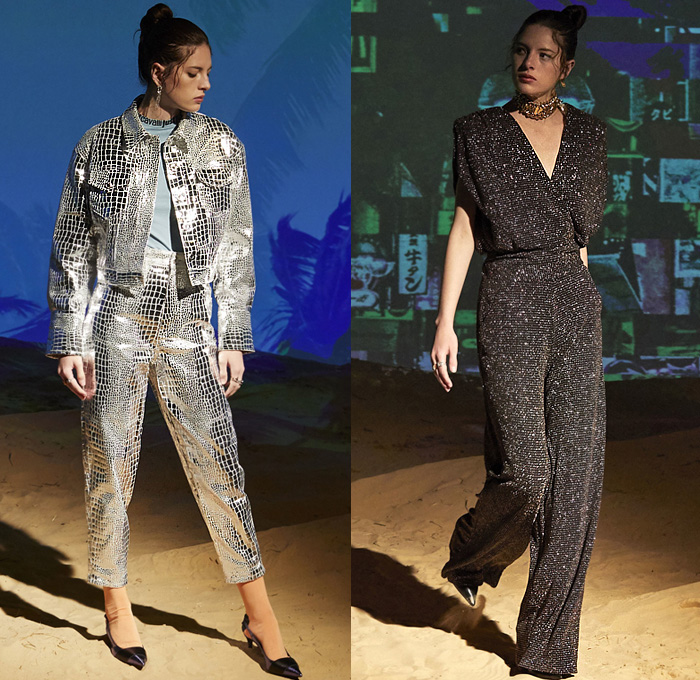 Just Cavalli 2020 Resort Cruise Pre-Spring Womens Lookbook Presentation - Distressed Scratched Denim Tapered Jeans Zebra Frayed Onesie Jumpsuit Coveralls Dungarees Asymmetrical Hem Maxi Dress Windbreaker Anorak Metallic Tiled Motorcycle Biker Jacket Cheetah Pattern Gown Crop Top Midriff Tuxedo Blazer Asian Clouds Decorative Art Sun Saturn Print Miniskirt Bedazzled Geometric Embroidery Crystals Gems Sequins Beads Fringes Handbag Thigh High Boots Trainers Sneakers