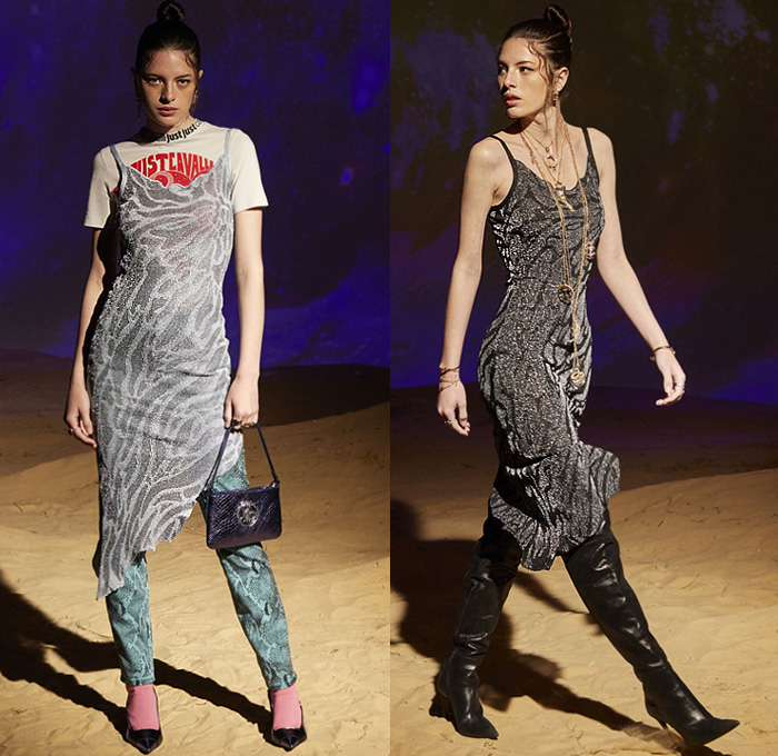 Just Cavalli 2020 Resort Cruise Pre-Spring Womens Lookbook Presentation - Distressed Scratched Denim Tapered Jeans Zebra Frayed Onesie Jumpsuit Coveralls Dungarees Asymmetrical Hem Maxi Dress Windbreaker Anorak Metallic Tiled Motorcycle Biker Jacket Cheetah Pattern Gown Crop Top Midriff Tuxedo Blazer Asian Clouds Decorative Art Sun Saturn Print Miniskirt Bedazzled Geometric Embroidery Crystals Gems Sequins Beads Fringes Handbag Thigh High Boots Trainers Sneakers