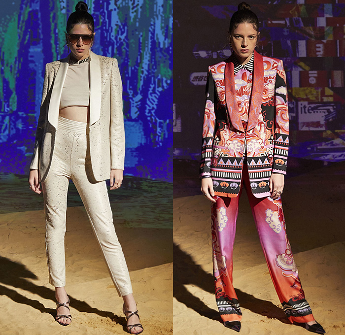 Just Cavalli 2020 Resort Cruise Pre-Spring Womens Lookbook Presentation - Distressed Scratched Denim Tapered Jeans Zebra Frayed Onesie Jumpsuit Coveralls Dungarees Asymmetrical Hem Maxi Dress Windbreaker Anorak Metallic Tiled Motorcycle Biker Jacket Cheetah Pattern Gown Crop Top Midriff Tuxedo Blazer Asian Clouds Decorative Art Sun Saturn Print Miniskirt Bedazzled Geometric Embroidery Crystals Gems Sequins Beads Fringes Handbag Thigh High Boots Trainers Sneakers