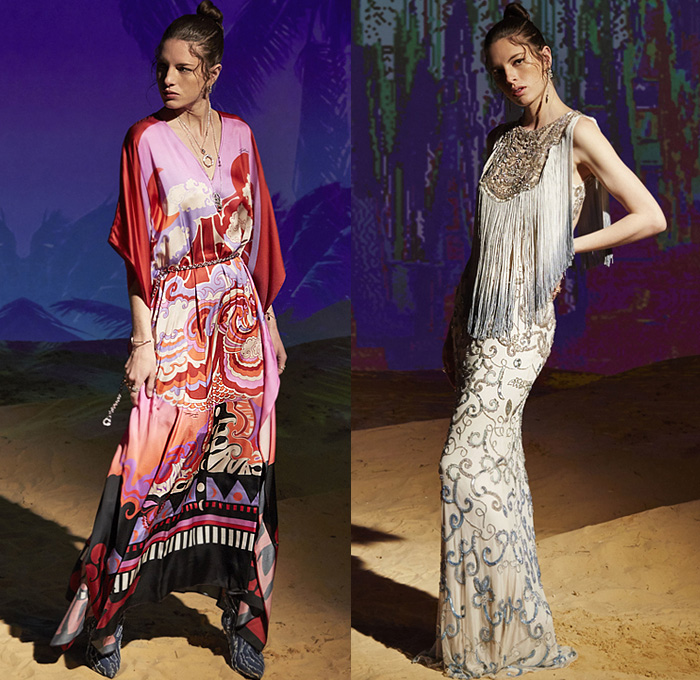 Just Cavalli 2020 Resort Cruise Pre-Spring Womens Lookbook Presentation - Distressed Scratched Denim Tapered Jeans Zebra Frayed Onesie Jumpsuit Coveralls Dungarees Asymmetrical Hem Maxi Dress Windbreaker Anorak Metallic Tiled Motorcycle Biker Jacket Cheetah Pattern Gown Crop Top Midriff Tuxedo Blazer Asian Clouds Decorative Art Sun Saturn Print Miniskirt Bedazzled Geometric Embroidery Crystals Gems Sequins Beads Fringes Handbag Thigh High Boots Trainers Sneakers