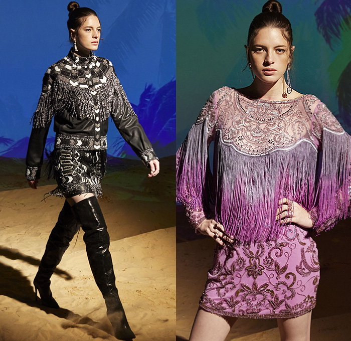 Just Cavalli 2020 Resort Cruise Pre-Spring Womens Lookbook Presentation - Distressed Scratched Denim Tapered Jeans Zebra Frayed Onesie Jumpsuit Coveralls Dungarees Asymmetrical Hem Maxi Dress Windbreaker Anorak Metallic Tiled Motorcycle Biker Jacket Cheetah Pattern Gown Crop Top Midriff Tuxedo Blazer Asian Clouds Decorative Art Sun Saturn Print Miniskirt Bedazzled Geometric Embroidery Crystals Gems Sequins Beads Fringes Handbag Thigh High Boots Trainers Sneakers