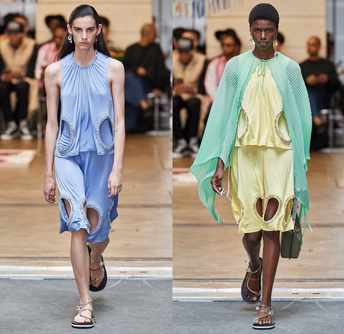 JW Anderson 2020 Resort Cruise Pre-Spring Womens Runway Catwalk Looks Collection - Paris Fashion Week Homme France FHCM - Manta Ray Fins Wings Cape Pellegrina Sleeveless Trench Coat Vest Waistcoat Cinch Long Sleeve Shirt Patchwork Leaves Decorative Art Bedazzled Gems Jewels Embroidery Knit Crochet Mesh Needlework Lapelscarf Fringes Tassels Holes Silk Satin Accordion Pleats Strap Spikes Teeth Asymmetrical Hem Dress Headband Wide Leg Pants Clogs Slippers Gold Handbag