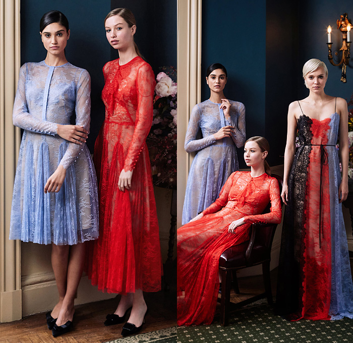 Lela Rose 2020 Resort Cruise Pre-Spring Womens Lookbook Presentation - Strapless Silk Satin Dress Brooch Jewelry Pearls Crystals Adorned Vest Tabard Sheer Tulle Guipure Lace Mesh Cutwork Embroidery Ribbon Noodle Strap Flowers Floral Outerwear Coat Ribbed Weave Curved Wavy Hem V-Neck Shirtdress Gown Eveningwear