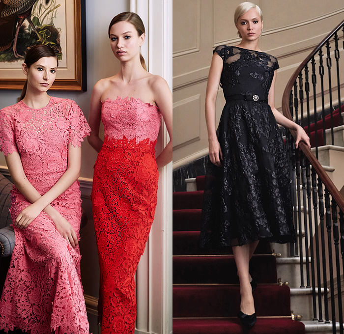 Lela Rose 2020 Resort Cruise Pre-Spring Womens Lookbook Presentation - Strapless Silk Satin Dress Brooch Jewelry Pearls Crystals Adorned Vest Tabard Sheer Tulle Guipure Lace Mesh Cutwork Embroidery Ribbon Noodle Strap Flowers Floral Outerwear Coat Ribbed Weave Curved Wavy Hem V-Neck Shirtdress Gown Eveningwear