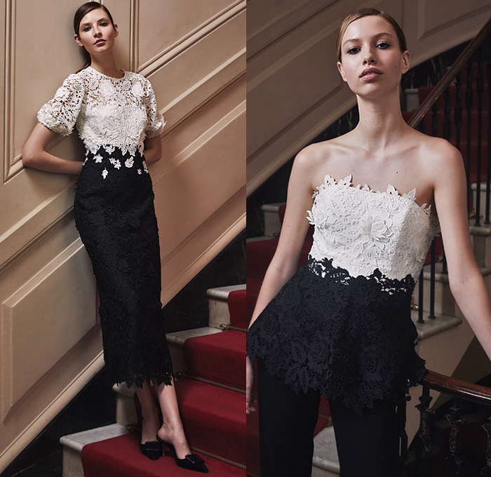 Lela Rose 2020 Resort Cruise Pre-Spring Womens Lookbook Presentation - Strapless Silk Satin Dress Brooch Jewelry Pearls Crystals Adorned Vest Tabard Sheer Tulle Guipure Lace Mesh Cutwork Embroidery Ribbon Noodle Strap Flowers Floral Outerwear Coat Ribbed Weave Curved Wavy Hem V-Neck Shirtdress Gown Eveningwear