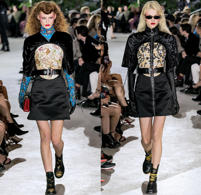 Louis Vuitton 2020 Resort Cruise Pre-Spring Womens Runway Catwalk Looks Collection Nicolas Ghesquière - TWA Flight Center New York - Art Deco Retro Cityscape Butterfly Wings Batwing Sleeves Bedazzled Embroidery Ornaments Beads Sequins Crystals Gems Jacquard Turtleneck Strapless Crop Top Sheer Tulle Velvet Ruffles Satin Mom Chic Halterneck Stripes Pellegrina Cape Quilted Puffer Pocket Motorcycle Biker Jacket Shirtdress High Waist Tapered Pants Opera Gloves Boots Helmet Handbags