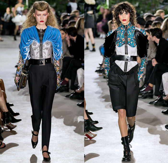 Louis Vuitton 2020 Resort Cruise Pre-Spring Womens Runway Catwalk Looks Collection Nicolas Ghesquière - TWA Flight Center New York - Art Deco Retro Cityscape Butterfly Wings Batwing Sleeves Bedazzled Embroidery Ornaments Beads Sequins Crystals Gems Jacquard Turtleneck Strapless Crop Top Sheer Tulle Velvet Ruffles Satin Mom Chic Halterneck Stripes Pellegrina Cape Quilted Puffer Pocket Motorcycle Biker Jacket Shirtdress High Waist Tapered Pants Opera Gloves Boots Helmet Handbags