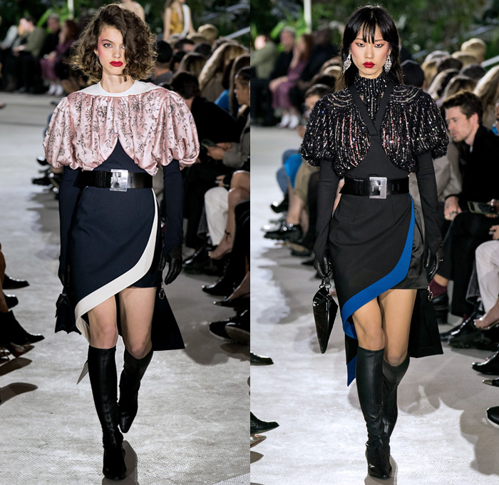 Louis Vuitton 2020 Resort Cruise Pre-Spring Womens Runway Catwalk Looks Collection Nicolas Ghesquière - TWA Flight Center New York - Art Deco Retro Cityscape Butterfly Wings Batwing Sleeves Bedazzled Embroidery Ornaments Beads Sequins Crystals Gems Jacquard Turtleneck Strapless Crop Top Sheer Tulle Velvet Ruffles Satin Mom Chic Halterneck Stripes Pellegrina Cape Quilted Puffer Pocket Motorcycle Biker Jacket Shirtdress High Waist Tapered Pants Opera Gloves Boots Helmet Handbags