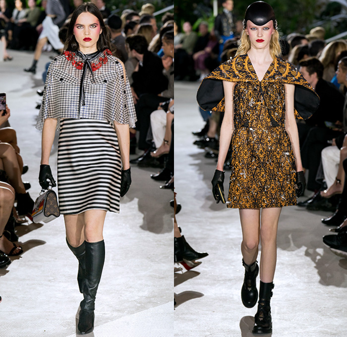 Louis Vuitton 2020 Resort Cruise Pre-Spring Womens Runway Catwalk Looks Collection Nicolas Ghesquière - TWA Flight Center New York - Art Deco Retro Cityscape Butterfly Wings Batwing Sleeves Bedazzled Embroidery Ornaments Beads Sequins Crystals Gems Jacquard Turtleneck Strapless Crop Top Sheer Tulle Velvet Ruffles Satin Mom Chic Halterneck Stripes Pellegrina Cape Quilted Puffer Pocket Motorcycle Biker Jacket Shirtdress High Waist Tapered Pants Opera Gloves Boots Helmet Handbags