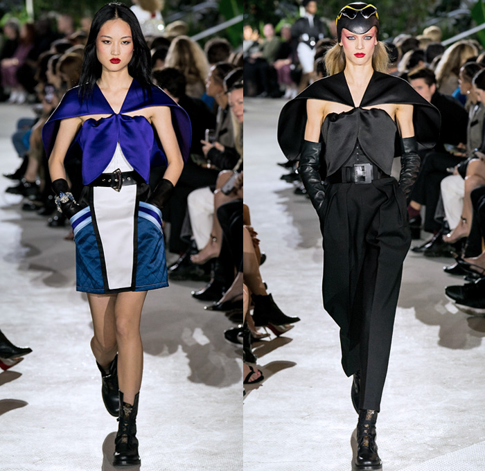 Louis Vuitton 2020 Resort Cruise Pre-Spring Womens Runway Catwalk Looks Collection Nicolas Ghesquière - TWA Flight Center New York - Art Deco Retro Cityscape Butterfly Wings Batwing Sleeves Bedazzled Embroidery Ornaments Beads Sequins Crystals Gems Jacquard Turtleneck Strapless Crop Top Sheer Tulle Velvet Ruffles Satin Mom Chic Halterneck Stripes Pellegrina Cape Quilted Puffer Pocket Motorcycle Biker Jacket Shirtdress High Waist Tapered Pants Opera Gloves Boots Helmet Handbags