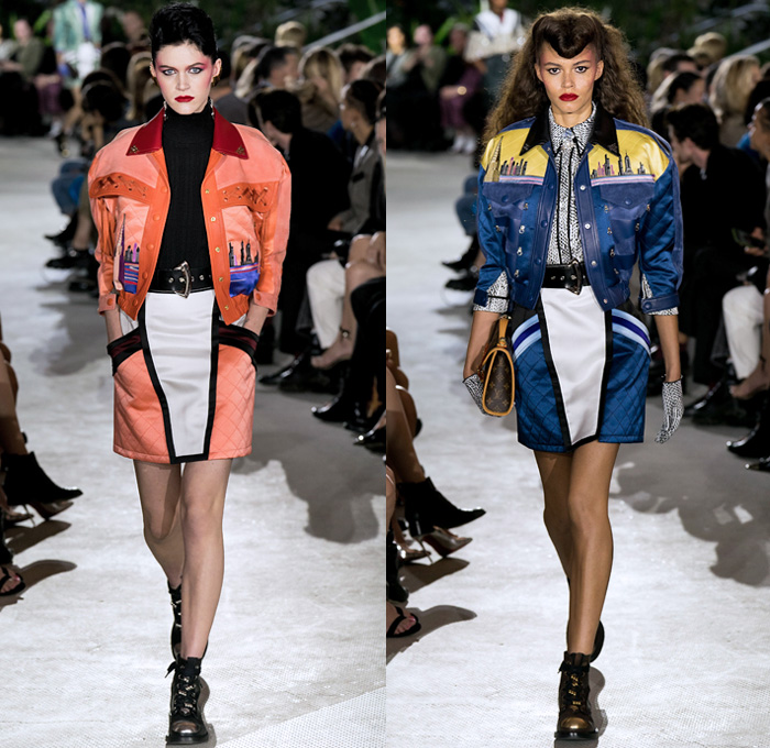 Louis Vuitton 2020 Resort Cruise Pre-Spring Womens Runway Catwalk Looks Collection Nicolas Ghesquière - TWA Flight Center New York - Art Deco Retro Cityscape Butterfly Wings Batwing Sleeves Bedazzled Embroidery Ornaments Beads Sequins Crystals Gems Jacquard Turtleneck Strapless Crop Top Sheer Tulle Velvet Ruffles Satin Mom Chic Halterneck Stripes Pellegrina Cape Quilted Puffer Pocket Motorcycle Biker Jacket Shirtdress High Waist Tapered Pants Opera Gloves Boots Helmet Handbags