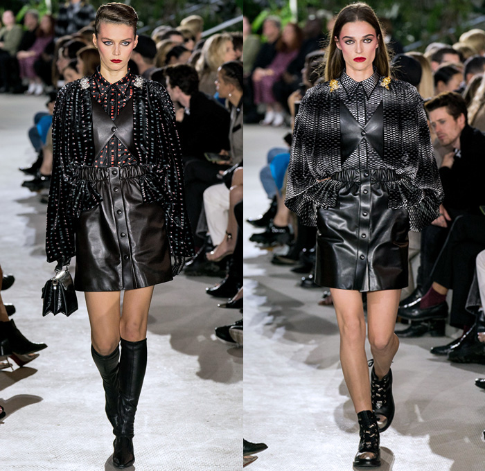 Louis Vuitton 2020 Resort Cruise Pre-Spring Womens Runway Catwalk Looks Collection Nicolas Ghesquière - TWA Flight Center New York - Art Deco Retro Cityscape Butterfly Wings Batwing Sleeves Bedazzled Embroidery Ornaments Beads Sequins Crystals Gems Jacquard Turtleneck Strapless Crop Top Sheer Tulle Velvet Ruffles Satin Mom Chic Halterneck Stripes Pellegrina Cape Quilted Puffer Pocket Motorcycle Biker Jacket Shirtdress High Waist Tapered Pants Opera Gloves Boots Helmet Handbags