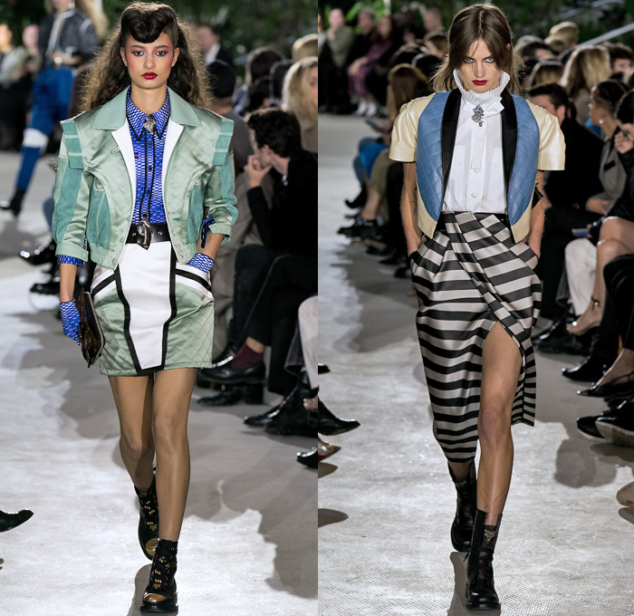 Louis Vuitton 2020 Resort Cruise Pre-Spring Womens Runway Catwalk Looks Collection Nicolas Ghesquière - TWA Flight Center New York - Art Deco Retro Cityscape Butterfly Wings Batwing Sleeves Bedazzled Embroidery Ornaments Beads Sequins Crystals Gems Jacquard Turtleneck Strapless Crop Top Sheer Tulle Velvet Ruffles Satin Mom Chic Halterneck Stripes Pellegrina Cape Quilted Puffer Pocket Motorcycle Biker Jacket Shirtdress High Waist Tapered Pants Opera Gloves Boots Helmet Handbags