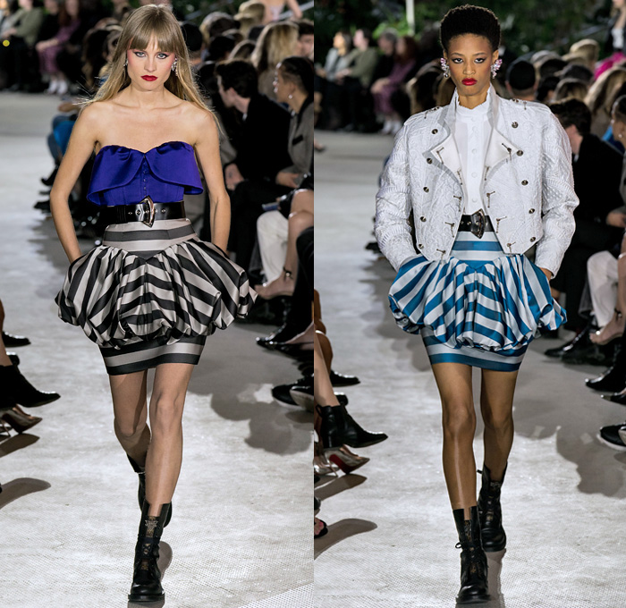 Louis Vuitton 2020 Resort Cruise Pre-Spring Womens Runway Catwalk Looks Collection Nicolas Ghesquière - TWA Flight Center New York - Art Deco Retro Cityscape Butterfly Wings Batwing Sleeves Bedazzled Embroidery Ornaments Beads Sequins Crystals Gems Jacquard Turtleneck Strapless Crop Top Sheer Tulle Velvet Ruffles Satin Mom Chic Halterneck Stripes Pellegrina Cape Quilted Puffer Pocket Motorcycle Biker Jacket Shirtdress High Waist Tapered Pants Opera Gloves Boots Helmet Handbags