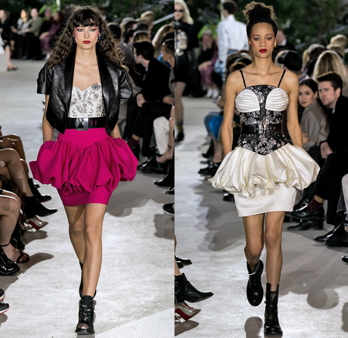 Louis Vuitton 2020 Resort Cruise Pre-Spring Womens Runway Catwalk Looks Collection Nicolas Ghesquière - TWA Flight Center New York - Art Deco Retro Cityscape Butterfly Wings Batwing Sleeves Bedazzled Embroidery Ornaments Beads Sequins Crystals Gems Jacquard Turtleneck Strapless Crop Top Sheer Tulle Velvet Ruffles Satin Mom Chic Halterneck Stripes Pellegrina Cape Quilted Puffer Pocket Motorcycle Biker Jacket Shirtdress High Waist Tapered Pants Opera Gloves Boots Helmet Handbags