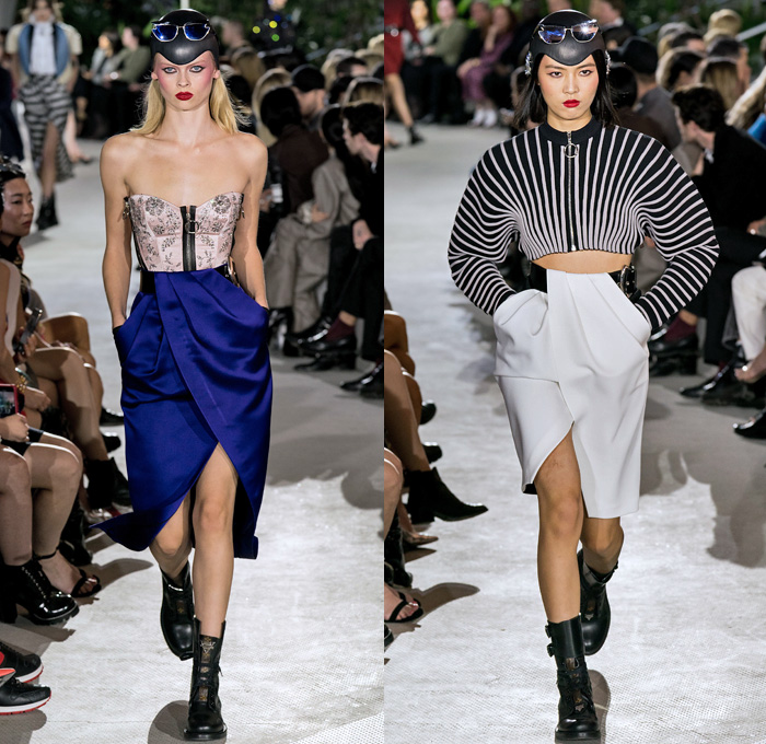 Louis Vuitton 2020 Resort Cruise Pre-Spring Womens Runway Catwalk Looks Collection Nicolas Ghesquière - TWA Flight Center New York - Art Deco Retro Cityscape Butterfly Wings Batwing Sleeves Bedazzled Embroidery Ornaments Beads Sequins Crystals Gems Jacquard Turtleneck Strapless Crop Top Sheer Tulle Velvet Ruffles Satin Mom Chic Halterneck Stripes Pellegrina Cape Quilted Puffer Pocket Motorcycle Biker Jacket Shirtdress High Waist Tapered Pants Opera Gloves Boots Helmet Handbags