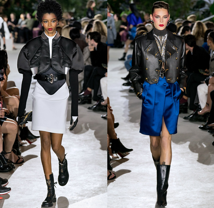 Louis Vuitton 2020 Resort Cruise Pre-Spring Womens Runway Catwalk Looks Collection Nicolas Ghesquière - TWA Flight Center New York - Art Deco Retro Cityscape Butterfly Wings Batwing Sleeves Bedazzled Embroidery Ornaments Beads Sequins Crystals Gems Jacquard Turtleneck Strapless Crop Top Sheer Tulle Velvet Ruffles Satin Mom Chic Halterneck Stripes Pellegrina Cape Quilted Puffer Pocket Motorcycle Biker Jacket Shirtdress High Waist Tapered Pants Opera Gloves Boots Helmet Handbags