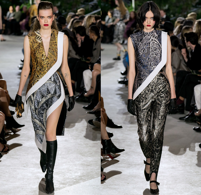 Louis Vuitton 2020 Resort Cruise Pre-Spring Womens Runway Catwalk Looks Collection Nicolas Ghesquière - TWA Flight Center New York - Art Deco Retro Cityscape Butterfly Wings Batwing Sleeves Bedazzled Embroidery Ornaments Beads Sequins Crystals Gems Jacquard Turtleneck Strapless Crop Top Sheer Tulle Velvet Ruffles Satin Mom Chic Halterneck Stripes Pellegrina Cape Quilted Puffer Pocket Motorcycle Biker Jacket Shirtdress High Waist Tapered Pants Opera Gloves Boots Helmet Handbags