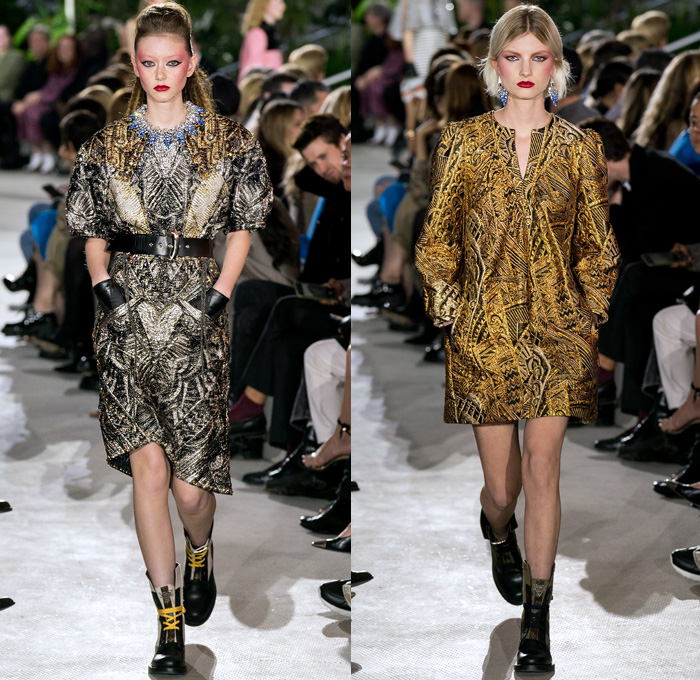 Louis Vuitton 2020 Resort Cruise Pre-Spring Womens Runway Catwalk Looks Collection Nicolas Ghesquière - TWA Flight Center New York - Art Deco Retro Cityscape Butterfly Wings Batwing Sleeves Bedazzled Embroidery Ornaments Beads Sequins Crystals Gems Jacquard Turtleneck Strapless Crop Top Sheer Tulle Velvet Ruffles Satin Mom Chic Halterneck Stripes Pellegrina Cape Quilted Puffer Pocket Motorcycle Biker Jacket Shirtdress High Waist Tapered Pants Opera Gloves Boots Helmet Handbags