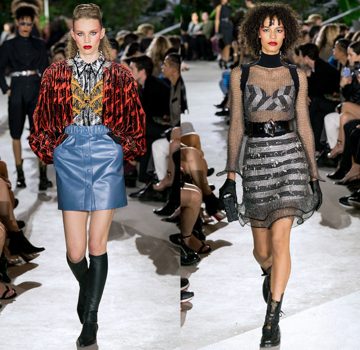 Louis Vuitton 2020 Resort Cruise Pre-Spring Womens Runway Catwalk Looks Collection Nicolas Ghesquière - TWA Flight Center New York - Art Deco Retro Cityscape Butterfly Wings Batwing Sleeves Bedazzled Embroidery Ornaments Beads Sequins Crystals Gems Jacquard Turtleneck Strapless Crop Top Sheer Tulle Velvet Ruffles Satin Mom Chic Halterneck Stripes Pellegrina Cape Quilted Puffer Pocket Motorcycle Biker Jacket Shirtdress High Waist Tapered Pants Opera Gloves Boots Helmet Handbags