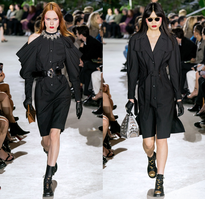 Louis Vuitton 2020 Resort Cruise Pre-Spring Womens Runway Catwalk Looks Collection Nicolas Ghesquière - TWA Flight Center New York - Art Deco Retro Cityscape Butterfly Wings Batwing Sleeves Bedazzled Embroidery Ornaments Beads Sequins Crystals Gems Jacquard Turtleneck Strapless Crop Top Sheer Tulle Velvet Ruffles Satin Mom Chic Halterneck Stripes Pellegrina Cape Quilted Puffer Pocket Motorcycle Biker Jacket Shirtdress High Waist Tapered Pants Opera Gloves Boots Helmet Handbags