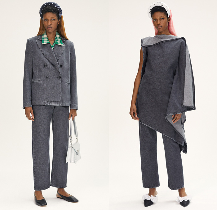 MM6 Maison Margiela 2020 Resort Cruise Pre-Spring Womens Lookbook Presentation - Denim Jeans Dark Wash Split Trench Coat Leather Vest Cargo Pockets Knit Sweater Pantsuit Check Plaid Draped Fold Over One Shoulder Noodle Strap Peplum Ruffles Asymmetrical Hem Lace Needlework Embroidery Headband Long Sleeve Shirt Blouse Hybrid Sweatmaxi Dress Polka Dots Cape Wide Leg Pants Midi Skirt Towel Robe Flowers Floral Quilted Tote Bag Clutch Handbag Boots