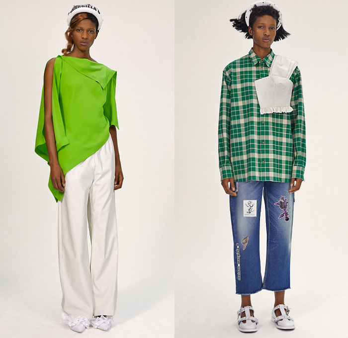 MM6 Maison Margiela 2020 Resort Cruise Pre-Spring Womens Lookbook Presentation - Denim Jeans Dark Wash Split Trench Coat Leather Vest Cargo Pockets Knit Sweater Pantsuit Check Plaid Draped Fold Over One Shoulder Noodle Strap Peplum Ruffles Asymmetrical Hem Lace Needlework Embroidery Headband Long Sleeve Shirt Blouse Hybrid Sweatmaxi Dress Polka Dots Cape Wide Leg Pants Midi Skirt Towel Robe Flowers Floral Quilted Tote Bag Clutch Handbag Boots