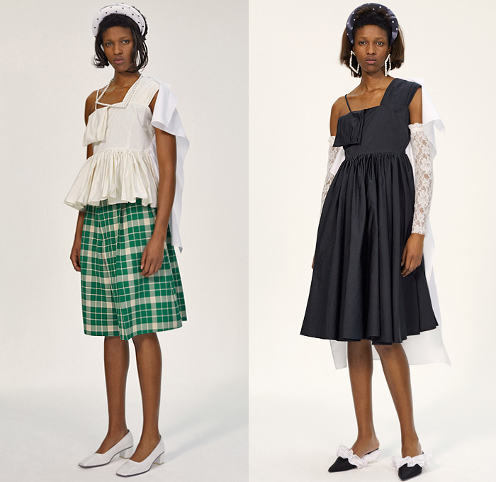 MM6 Maison Margiela 2020 Resort Cruise Pre-Spring Womens Lookbook Presentation - Denim Jeans Dark Wash Split Trench Coat Leather Vest Cargo Pockets Knit Sweater Pantsuit Check Plaid Draped Fold Over One Shoulder Noodle Strap Peplum Ruffles Asymmetrical Hem Lace Needlework Embroidery Headband Long Sleeve Shirt Blouse Hybrid Sweatmaxi Dress Polka Dots Cape Wide Leg Pants Midi Skirt Towel Robe Flowers Floral Quilted Tote Bag Clutch Handbag Boots