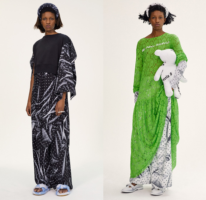 MM6 Maison Margiela 2020 Resort Cruise Pre-Spring Womens Lookbook Presentation - Denim Jeans Dark Wash Split Trench Coat Leather Vest Cargo Pockets Knit Sweater Pantsuit Check Plaid Draped Fold Over One Shoulder Noodle Strap Peplum Ruffles Asymmetrical Hem Lace Needlework Embroidery Headband Long Sleeve Shirt Blouse Hybrid Sweatmaxi Dress Polka Dots Cape Wide Leg Pants Midi Skirt Towel Robe Flowers Floral Quilted Tote Bag Clutch Handbag Boots