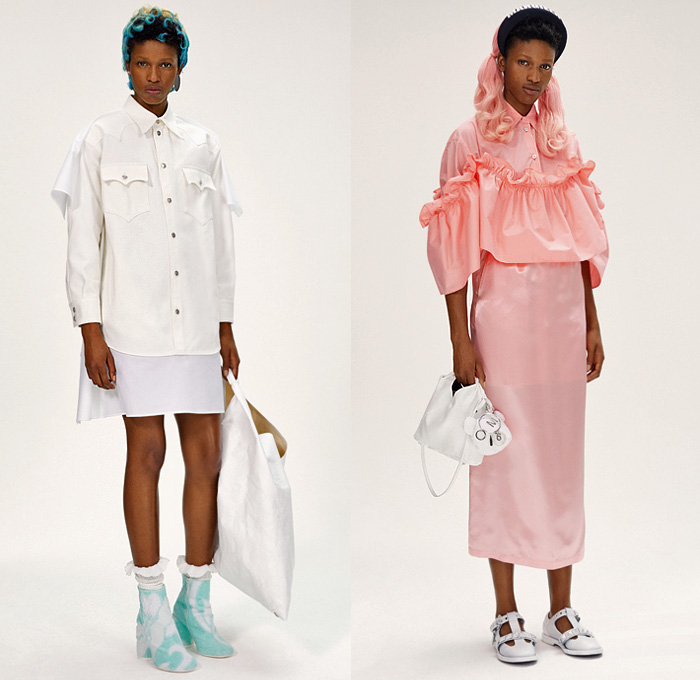 MM6 Maison Margiela 2020 Resort Cruise Pre-Spring Womens Lookbook Presentation - Denim Jeans Dark Wash Split Trench Coat Leather Vest Cargo Pockets Knit Sweater Pantsuit Check Plaid Draped Fold Over One Shoulder Noodle Strap Peplum Ruffles Asymmetrical Hem Lace Needlework Embroidery Headband Long Sleeve Shirt Blouse Hybrid Sweatmaxi Dress Polka Dots Cape Wide Leg Pants Midi Skirt Towel Robe Flowers Floral Quilted Tote Bag Clutch Handbag Boots