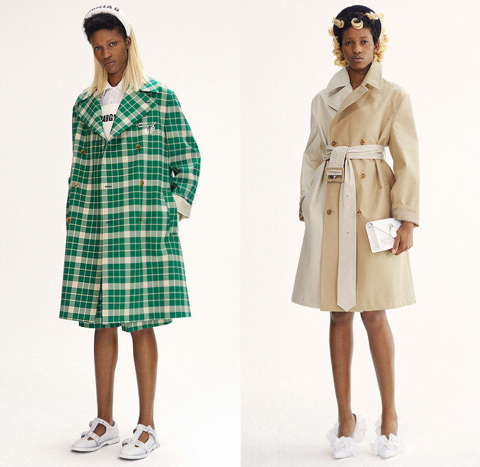 MM6 Maison Margiela 2020 Resort Cruise Pre-Spring Womens Lookbook Presentation - Denim Jeans Dark Wash Split Trench Coat Leather Vest Cargo Pockets Knit Sweater Pantsuit Check Plaid Draped Fold Over One Shoulder Noodle Strap Peplum Ruffles Asymmetrical Hem Lace Needlework Embroidery Headband Long Sleeve Shirt Blouse Hybrid Sweatmaxi Dress Polka Dots Cape Wide Leg Pants Midi Skirt Towel Robe Flowers Floral Quilted Tote Bag Clutch Handbag Boots