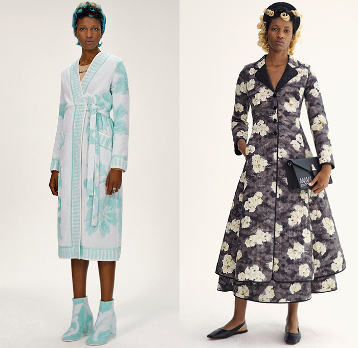 MM6 Maison Margiela 2020 Resort Cruise Pre-Spring Womens Lookbook Presentation - Denim Jeans Dark Wash Split Trench Coat Leather Vest Cargo Pockets Knit Sweater Pantsuit Check Plaid Draped Fold Over One Shoulder Noodle Strap Peplum Ruffles Asymmetrical Hem Lace Needlework Embroidery Headband Long Sleeve Shirt Blouse Hybrid Sweatmaxi Dress Polka Dots Cape Wide Leg Pants Midi Skirt Towel Robe Flowers Floral Quilted Tote Bag Clutch Handbag Boots