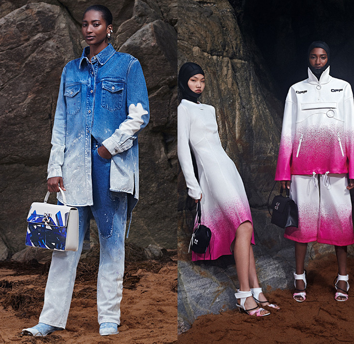 Off-White by Virgil Abloh 2020 Resort Cruise Pre-Spring Womens Lookbook Presentation - Sink or Swim Aquatic Water Sport Surf Neoprene Zipper Fishnet Ombre Denim Jeans Spray Hoodie Coat Anorak Mockneck Opera Gloves Compression Bicycle Shorts Leash Cuffs Noodle Strap Bedazzled Sequins Slip Dress Asymmetrical Hem Draped Trackwear Quilted Puffer Hotpants Sheer Chiffon Accordion Pleats Skirt Culottes Snakeskin Pantsuit Wide Leg Handbag Fanny Pack Belt Pouch Bum Bag