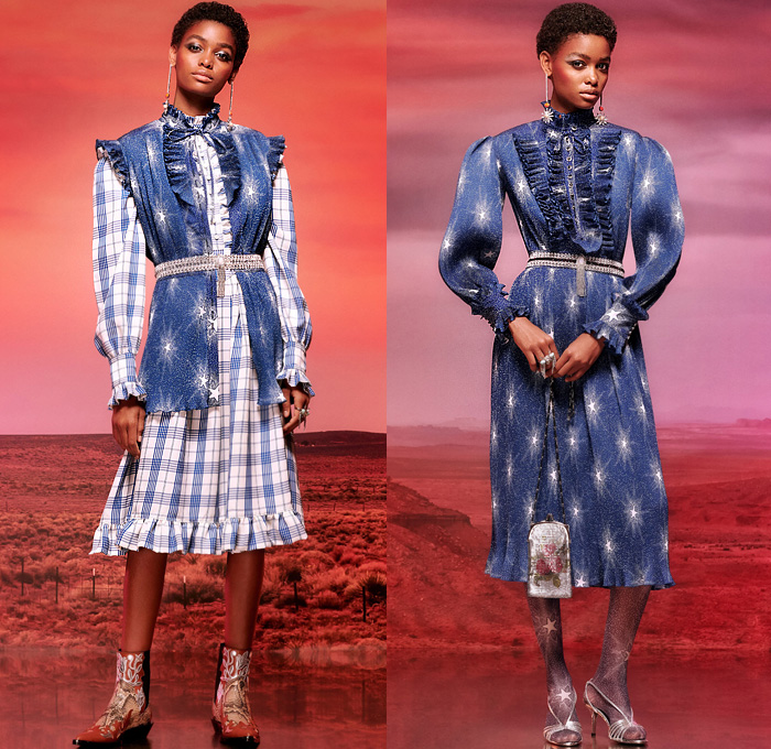 Paco Rabanne 2020 Resort Cruise Pre-Spring Womens Lookbook Presentation - 1970s Seventies Western Shirt Art Deco Ruffles Flowers Floral Fern Foliage Houndstooth Check Plaid Gingham Peasant Prairie Dress Velvet Geometric Embroidery Hooks Sequins Spangles Paillettes Mesh Chainlink Stars Gems Studs Stripes Sailor Collar Mockneck Metallic Sheen Tights Fur Jacket Coat Robe Wide Bell Sleeves Asymmetrical Hem Handbag Snakeskin Boots