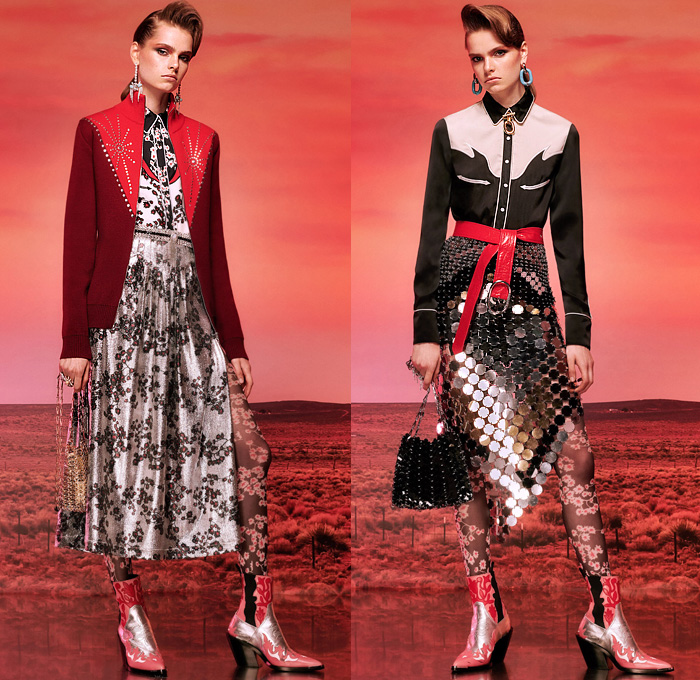 Paco Rabanne 2020 Resort Cruise Pre-Spring Womens Lookbook Presentation - 1970s Seventies Western Shirt Art Deco Ruffles Flowers Floral Fern Foliage Houndstooth Check Plaid Gingham Peasant Prairie Dress Velvet Geometric Embroidery Hooks Sequins Spangles Paillettes Mesh Chainlink Stars Gems Studs Stripes Sailor Collar Mockneck Metallic Sheen Tights Fur Jacket Coat Robe Wide Bell Sleeves Asymmetrical Hem Handbag Snakeskin Boots