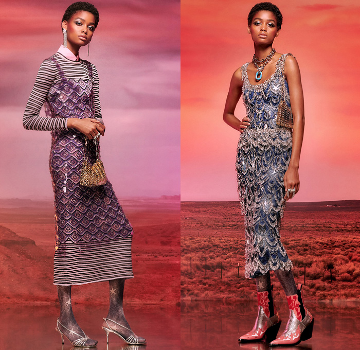 Paco Rabanne 2020 Resort Cruise Pre-Spring Womens Lookbook Presentation - 1970s Seventies Western Shirt Art Deco Ruffles Flowers Floral Fern Foliage Houndstooth Check Plaid Gingham Peasant Prairie Dress Velvet Geometric Embroidery Hooks Sequins Spangles Paillettes Mesh Chainlink Stars Gems Studs Stripes Sailor Collar Mockneck Metallic Sheen Tights Fur Jacket Coat Robe Wide Bell Sleeves Asymmetrical Hem Handbag Snakeskin Boots