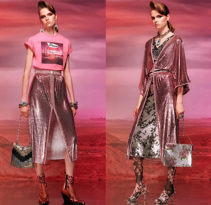 Paco Rabanne 2020 Resort Cruise Pre-Spring Womens Lookbook Presentation - 1970s Seventies Western Shirt Art Deco Ruffles Flowers Floral Fern Foliage Houndstooth Check Plaid Gingham Peasant Prairie Dress Velvet Geometric Embroidery Hooks Sequins Spangles Paillettes Mesh Chainlink Stars Gems Studs Stripes Sailor Collar Mockneck Metallic Sheen Tights Fur Jacket Coat Robe Wide Bell Sleeves Asymmetrical Hem Handbag Snakeskin Boots