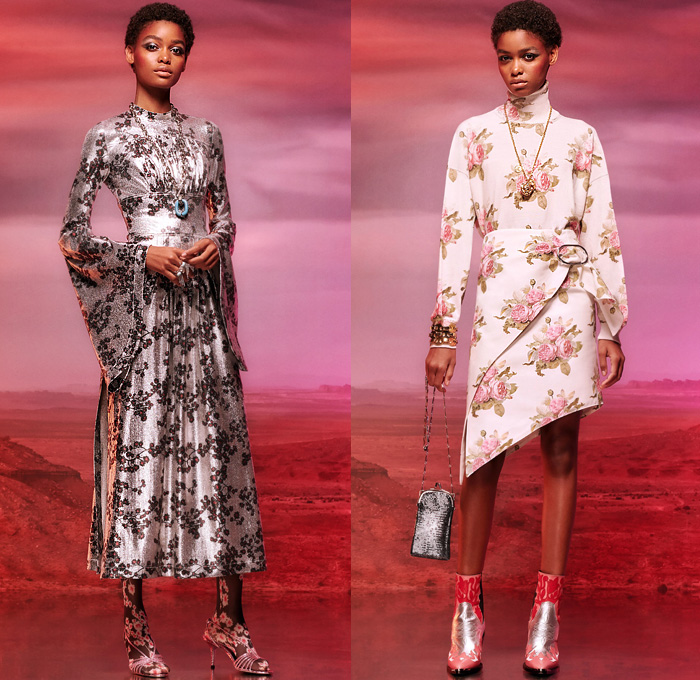 Paco Rabanne 2020 Resort Cruise Pre-Spring Womens Lookbook Presentation - 1970s Seventies Western Shirt Art Deco Ruffles Flowers Floral Fern Foliage Houndstooth Check Plaid Gingham Peasant Prairie Dress Velvet Geometric Embroidery Hooks Sequins Spangles Paillettes Mesh Chainlink Stars Gems Studs Stripes Sailor Collar Mockneck Metallic Sheen Tights Fur Jacket Coat Robe Wide Bell Sleeves Asymmetrical Hem Handbag Snakeskin Boots