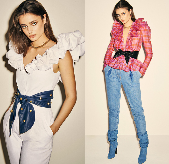 Philosophy di Lorenzo Serafini 2020 Resort Cruise Pre-Spring Womens Lookbook Presentation - Denim Mom Jeans Ruffles Low V-Neck Tied Knot Ribbon Waist Wide Belt Studded Onesie Jumpsuit Coveralls Plaid Check Long Sleeve Blouse Strapless Open Shoulders Bedazzled Embroidery Sequins Knit Sweater Buttons Quilted Puffer Jacket Shorts Mesh Tulle Flowers Floral Peasant Dress Boots Loafers