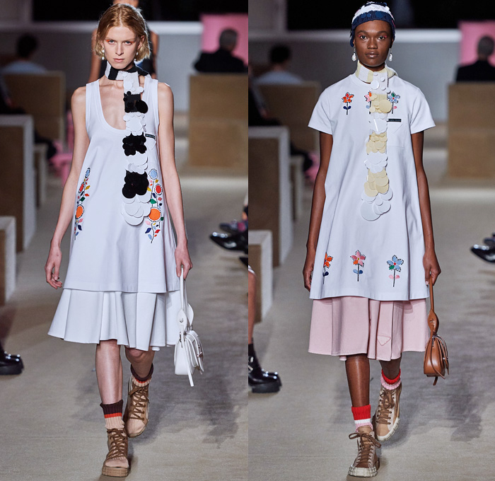 Prada 2020 Resort Cruise Pre-Spring Womens Runway Catwalk Looks Collection New York - Premonition Seditious Simplicity Knit Scarf Discs Flowers Floral Embroidery Tunic Long Sleeve Shirt Turtleneck Blazer Suede Coat V-Neck Sweater Vest Shorts Skirt Silk Satin Lace Stripes Loungewear Cargo Utility Pockets Maxi Dress Mix Prints Plaid Check Sunglasses Socks Sandals Bowling Handbag Backpack