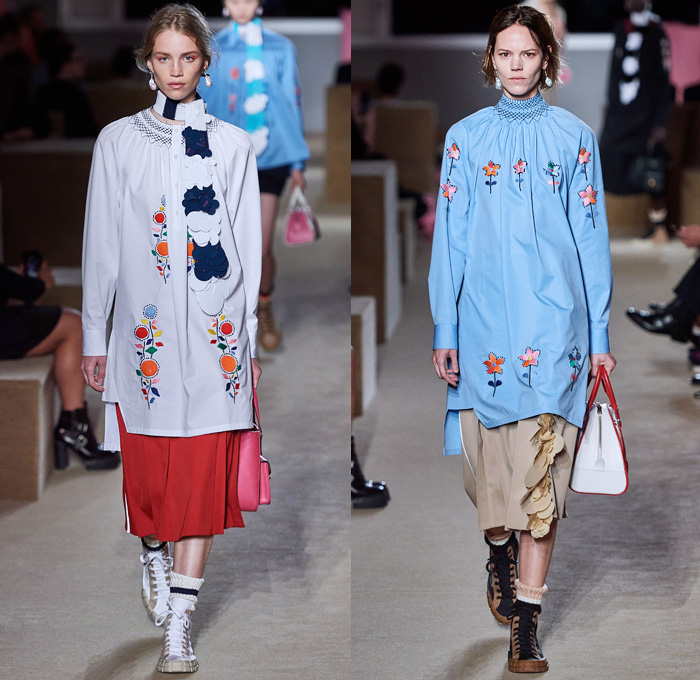 Prada 2020 Resort Cruise Pre-Spring Womens Runway Catwalk Looks Collection New York - Premonition Seditious Simplicity Knit Scarf Discs Flowers Floral Embroidery Tunic Long Sleeve Shirt Turtleneck Blazer Suede Coat V-Neck Sweater Vest Shorts Skirt Silk Satin Lace Stripes Loungewear Cargo Utility Pockets Maxi Dress Mix Prints Plaid Check Sunglasses Socks Sandals Bowling Handbag Backpack