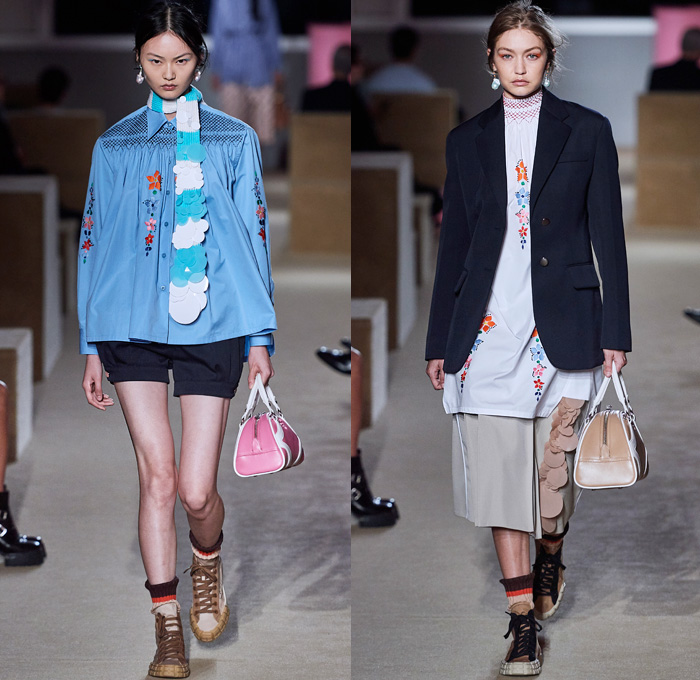 Prada 2020 Resort Cruise Pre-Spring Womens Runway Catwalk Looks Collection New York - Premonition Seditious Simplicity Knit Scarf Discs Flowers Floral Embroidery Tunic Long Sleeve Shirt Turtleneck Blazer Suede Coat V-Neck Sweater Vest Shorts Skirt Silk Satin Lace Stripes Loungewear Cargo Utility Pockets Maxi Dress Mix Prints Plaid Check Sunglasses Socks Sandals Bowling Handbag Backpack