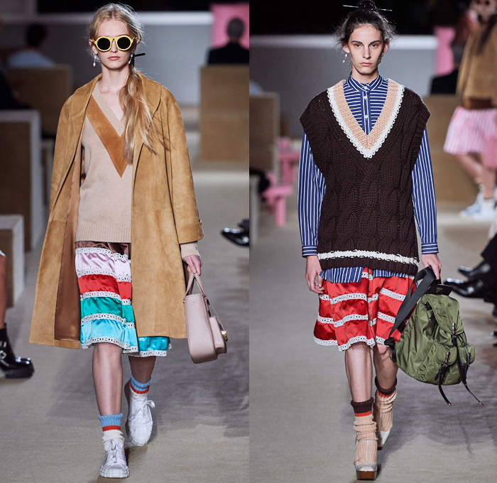 Prada 2020 Resort Cruise Pre-Spring Womens Runway Catwalk Looks Collection New York - Premonition Seditious Simplicity Knit Scarf Discs Flowers Floral Embroidery Tunic Long Sleeve Shirt Turtleneck Blazer Suede Coat V-Neck Sweater Vest Shorts Skirt Silk Satin Lace Stripes Loungewear Cargo Utility Pockets Maxi Dress Mix Prints Plaid Check Sunglasses Socks Sandals Bowling Handbag Backpack